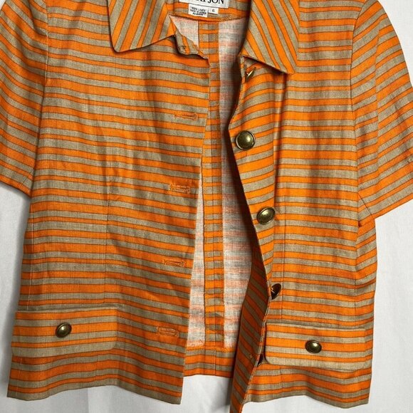 Rickie Freeman for Teri Jon Linen Short Sleeve Blazer‎ Orange Brown Striped 6 - Picture 7 of 10